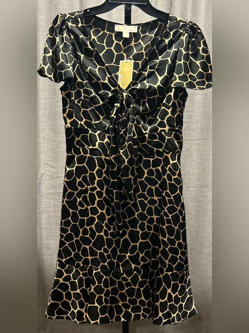Michael Kors Black and Tan Giraffe-Print Tie-Front Dress